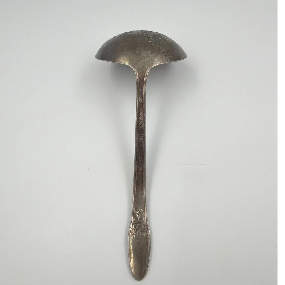 1847 Rogers Bros First Love Silverplate Cream Soup Ladle Heavy Patina 6.25in